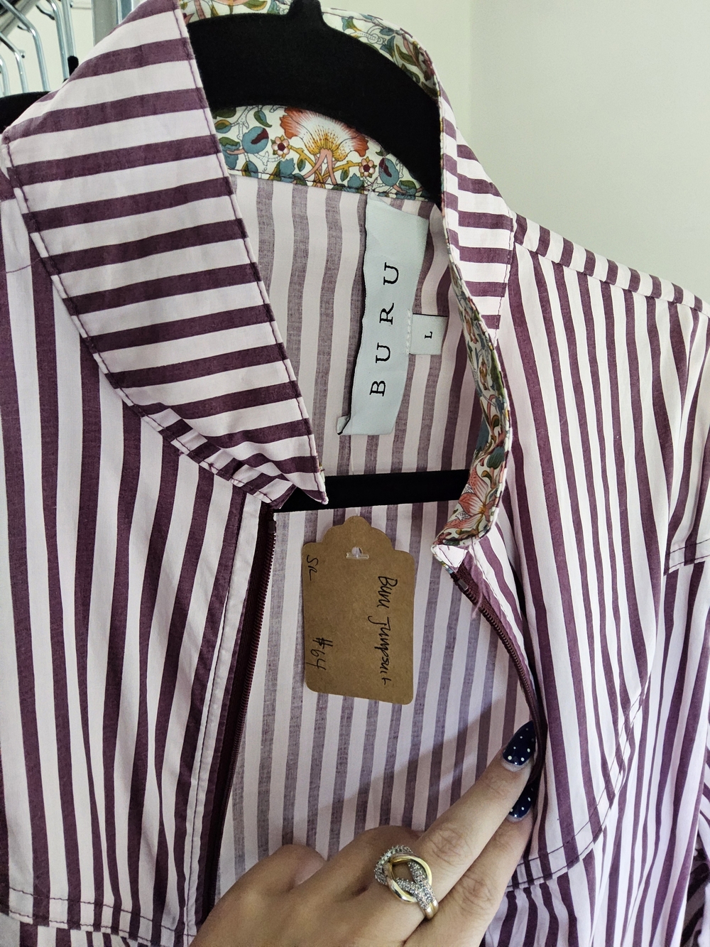 Buru Striped Zip-Front Jumpsuit in Burgundy and White|| Size Large - Picture 2 of 2
